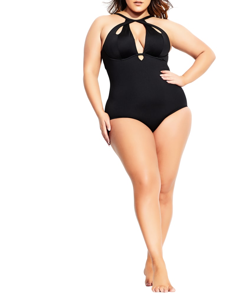 Plus size model wearing Leia Cut Out Halter Neck One Piece Swimsuit by City Chic | Dia&Co | dia_product_style_image_id:191090